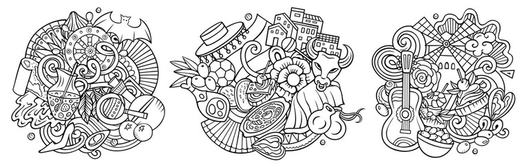Spain cartoon vector doodle designs set.