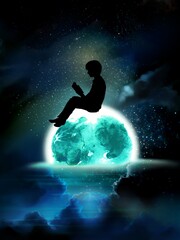 Profile silhouette of a man leisurely reading a book on the shining moon drifting on the sea