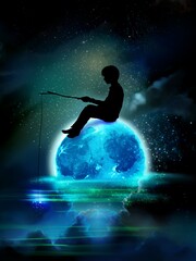 Fototapeta na wymiar Silhouette of a boy fishing sitting on a blue full moon that has fallen on the surface of the sea with the stars reflected in the sky