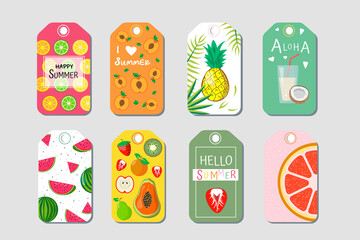 Summer cards, fruit stickers. Set. Hello summer. Summertime. background , backdrop