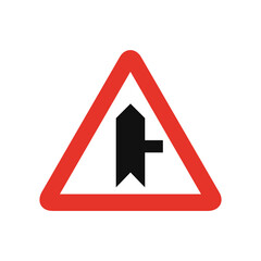 Triangular traffic signal in white and red, isolated on white background. Warning of side road on the right