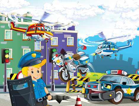 cartoon scene with cars vehicles on street with fireman © honeyflavour