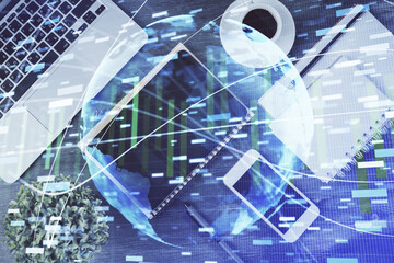 Double exposure of business theme hologram over desktop with phone. Top view. Mobile international trade connection concept.