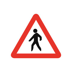 Triangular traffic signal in white and red, isolated on white background. Warning of pedestrian crossing