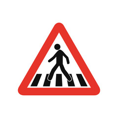 Triangular traffic signal in white and red, isolated on white background. Warning of pedestrian crossing