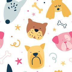 Childish seamless pattern with cute creative dogs. Texture in scandinavian style. Animal seamless cartoon illustration. Perfect for kids apparel,fabric, textile, nursery decoration, wrapping paper.