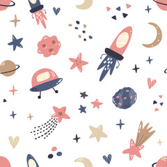 Seamless pattern with cosmic objects planets, stars, comets