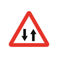 Triangular traffic signal in white and red, isolated on white background. Warning of two-way traffic straight ahead