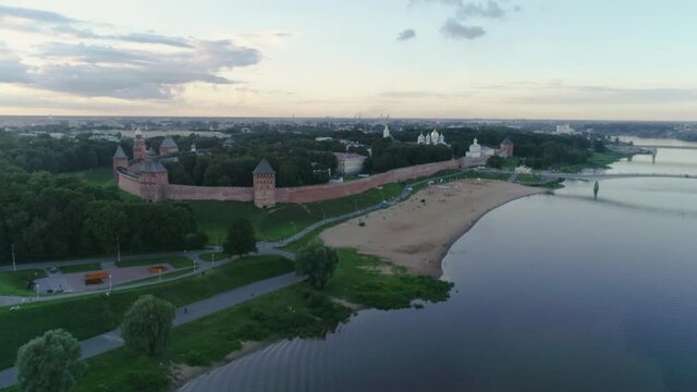 Aerial View of Velikiy Novgorod. Volhov river and Novgorod Detinets also Novgorod Kremlin