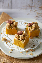 Pumpkin Cube pound cake set on cafe table.
