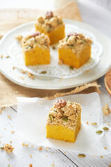 Pumpkin Cube pound cake set on cafe table.