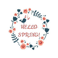 Obraz na płótnie Canvas Hello spring lettering floral vintage frame. Flowers and leaves shabby chic vector design, Cookie font. 