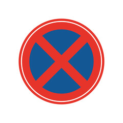 Rounded traffic signal in blue and red, isolated on white background. Stopping and parking prohibited