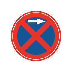 Rounded traffic signal in blue and red, isolated on white background. Stopping and parking prohibited to the right