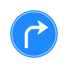 Rounded traffic signal in blue and white, isolated on white background. Compulsory turn right ahead