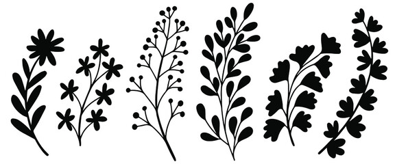 Hand drawn vector of black silhouettes of herbs. Stock illustration of abstract plants.