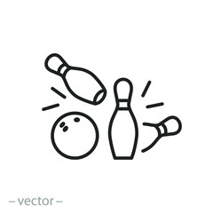 bowling icon, strike ball in skittles, explosion bowl, play game concept,  thin line symbol on white background - editable stroke vector eps10