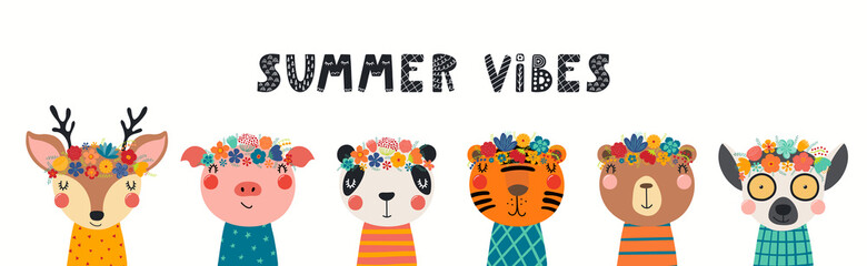 Cute funny animal faces in flower crowns, floral wreathes, isolated on white. Hand drawn vector illustration. Scandinavian style flat design. Concept for kids fashion print, banner, poster, card. © Maria Skrigan