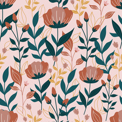 Modern seamless pattern with flowers  and leaves. Botanical background
