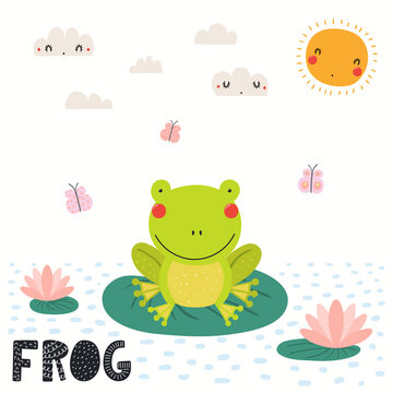 Cute funny frog in pond sitting on water lily leaf, isolated on white. Hand drawn wild animal vector illustration. Scandinavian style flat design. Concept for kids fashion, textile print, poster, card