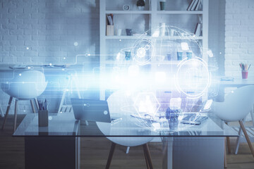 Double exposure of social network theme drawing and office interior background. Concept of web.