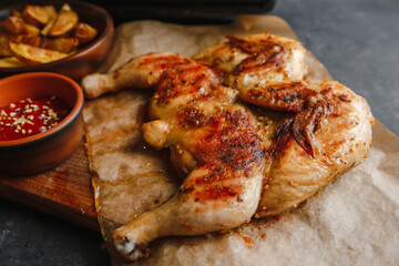 Grilled tobacco chicken with rustic potatoes and barbecue sauce on a dark background. top view side view