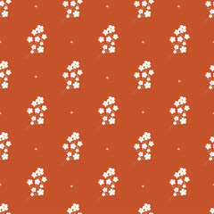 Seamless pattern with white flowers and circles on an orange background. Summer, minimalistic pattern with flowers. Pattern for wrapping paper, stationery, textiles, backgrounds, websites.