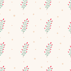 Seamless pattern with red berries and stars on a light background. A concise, minimalistic pattern with flowers. Pattern for wrapping paper, stationery, textiles, backgrounds, websites.