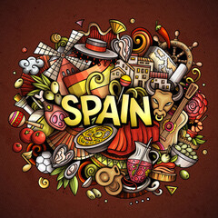 Spain hand drawn cartoon doodle illustration. Funny Spanish design. Creative art vector background. Handwritten text with elements and objects. Colorful composition
