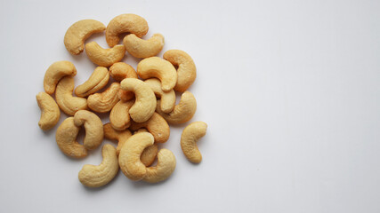 Roasted cashews without shell. Top view of cashew nut isolated on white background. Set or collection. 