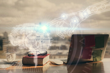 Multi exposure of brain drawings and desk with open notebook background. Concept of AI