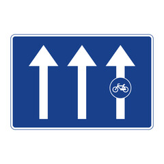 Rectangular traffic signal in blue and white, isolated on white background. Cycle path attached to the road