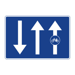 Rectangular traffic signal in blue and white, isolated on white background. Cycle path attached to the road