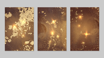 Set of marble patterns. Brown and fortuna gold geode textures - obrazy, fototapety, plakaty