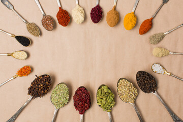 Many various spices on a table