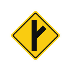 Rhomboid traffic signal in yellow and black, isolated on white background. Warning of side road on the right at a acute angle
