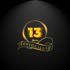 Elegant golden 13 years anniversary logo template. luxury retro vintage style. vector illustration