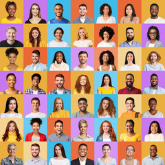 Collage of multiracial people portraits with faces over colorful backgrounds