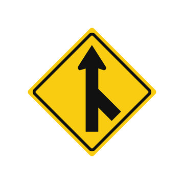 Rhomboid traffic signal in yellow and black, isolated on white background. Warning of merging traffic from the right