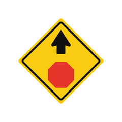 Rhomboid traffic signal in yellow and black, isolated on white background. Warning of stop ahead