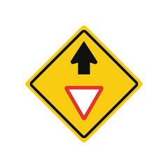 Rhomboid traffic signal in yellow and black, isolated on white background. Warning of yield ahead
