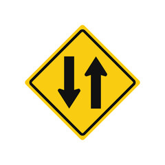 Rhomboid traffic signal in yellow and black, isolated on white background. Warning of two-way traffic straight ahead