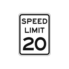 Rectangular traffic signal with white background and text in black, isolated on white background. Speed limit to twenty