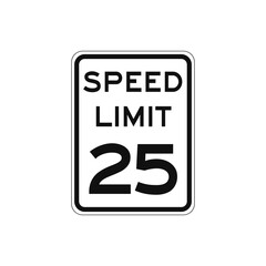 Rectangular traffic signal with white background and text in black, isolated on white background. Speed limit to twenty five
