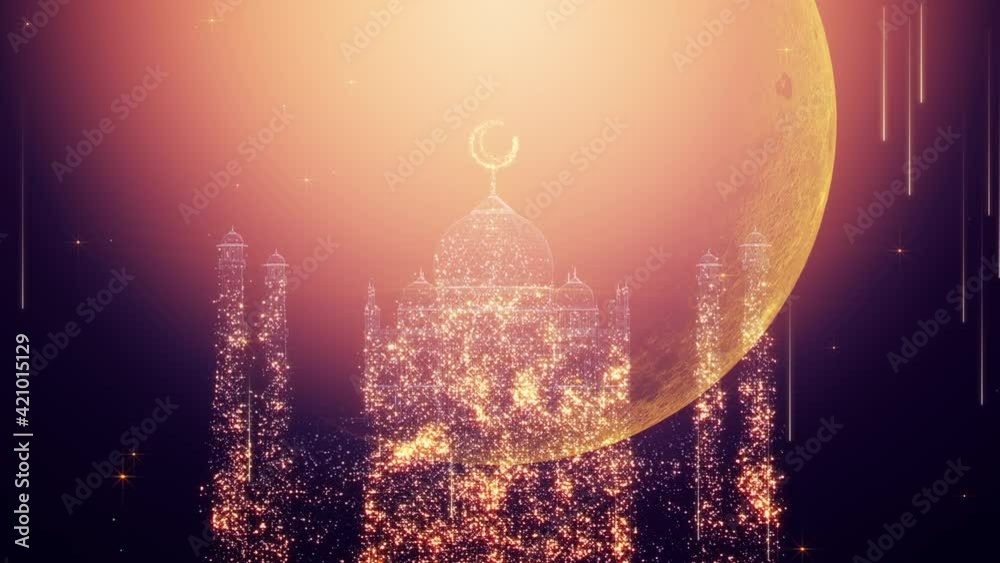 Wall mural ramadan kareem background loop. silhouette of taj mahal with particle glitter glow and crescent moon