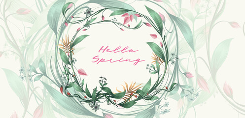 Floral wreath. Round frame made of flowers, leaves and plants. Vector illustration. Background for cards, covers, banners.