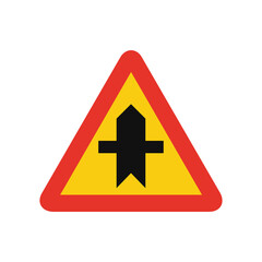 Triangular traffic signal in yellow and red, isolated on white background. Temporary warning of crossroad ahead with priority