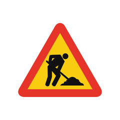 Triangular traffic signal in yellow and red, isolated on white background. Temporary warning of men at work