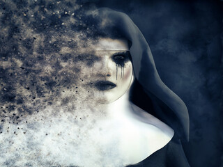 3D rendering of a ghost nun or demon dissolving.