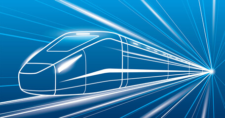 Outline train in motion, locomotive move, dynamic transportation illustration, vector lines design art © panimoni